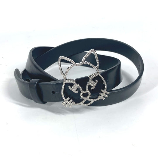 CHANEL belt leather black 16K Cat cat Women 80 Used Authentic