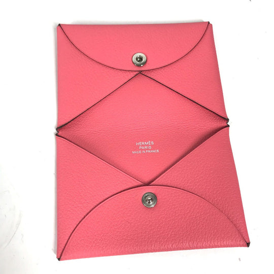 HERMES Card Case , Evercolor pink Two fold Calvi Women Used Authentic