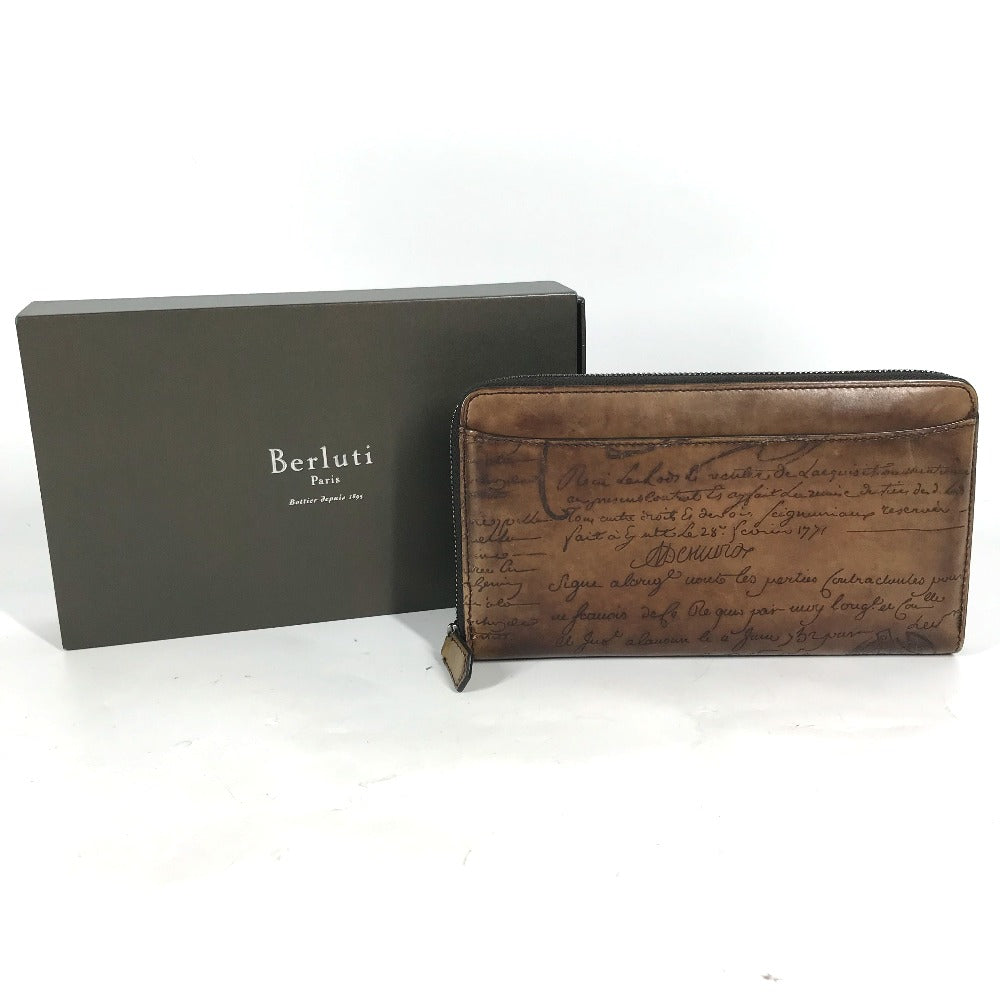 Berluti Long Wallet Purse leather Brown Long wallet Calligraphy logo mens Used Authentic