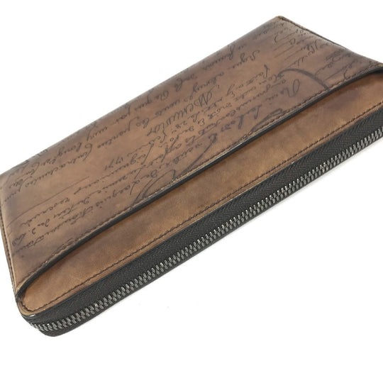 Berluti Long Wallet Purse leather Brown Long wallet Calligraphy logo mens Used Authentic