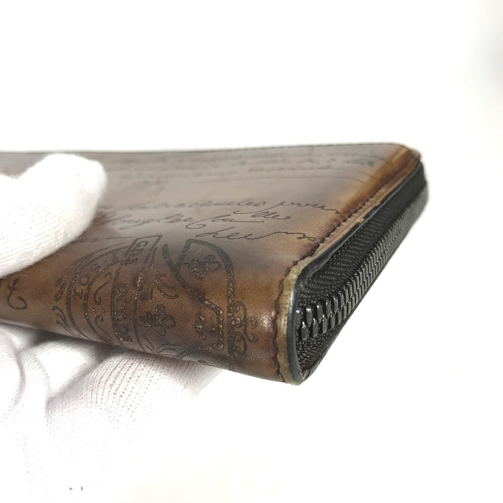 Berluti Long Wallet Purse leather Brown Long wallet Calligraphy logo mens Used Authentic