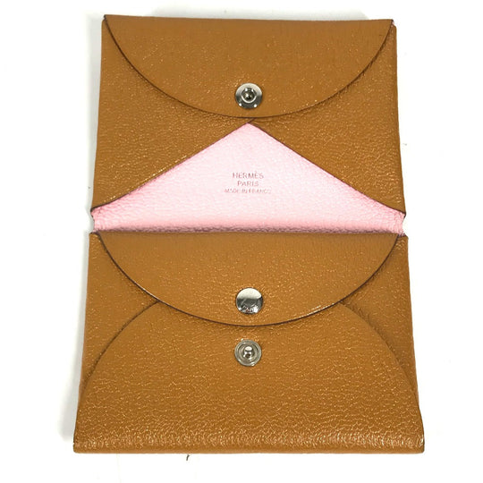 HERMES Coin case Shave beige Bifold Wallet Bicolor Calvi Duo Verso Women(Unisex) Used Authentic