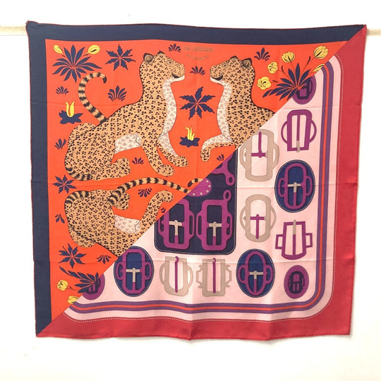 HERMES scarf silk Orange Carre90 LES LEOPARDS MODERNES Women Used Authentic