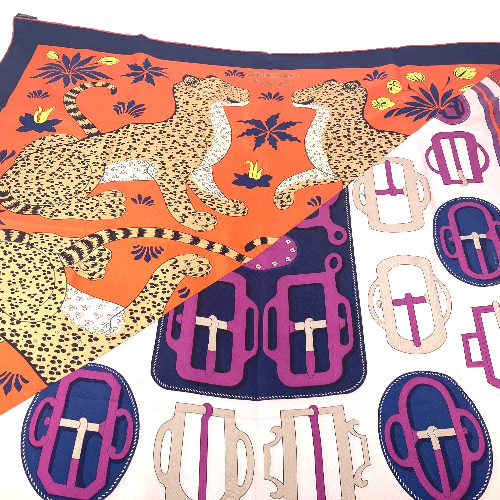 HERMES scarf silk Orange Carre90 LES LEOPARDS MODERNES Women Used Authentic