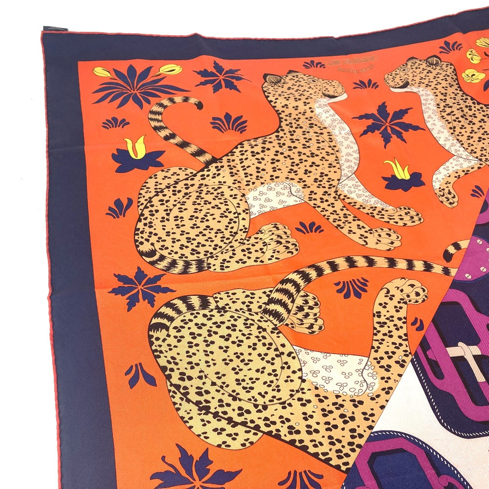 HERMES scarf silk Orange Carre90 LES LEOPARDS MODERNES Women Used Authentic