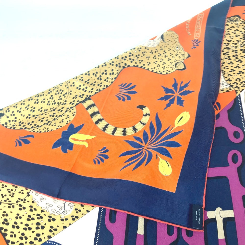HERMES scarf silk Orange Carre90 LES LEOPARDS MODERNES Women Used Authentic