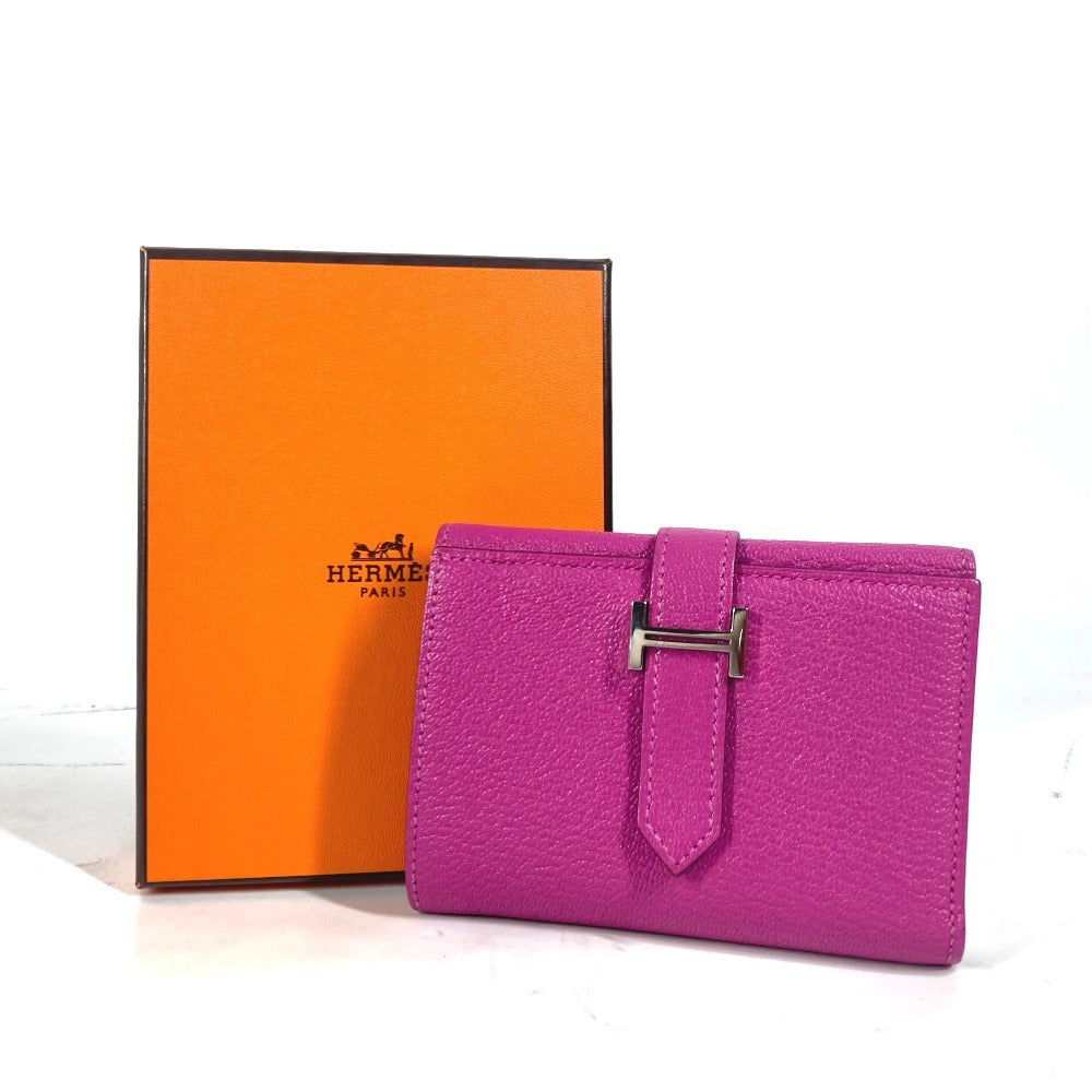 HERMES Trifold wallet Shave Pink type Purple type Bearn Compact Combination Women Used Authentic