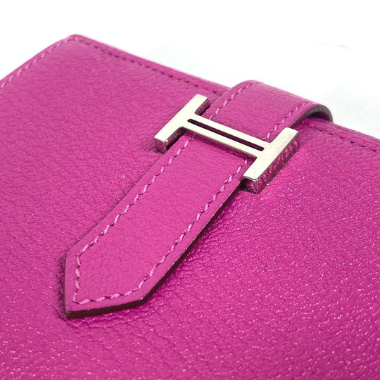 HERMES Trifold wallet Shave Pink type Purple type Bearn Compact Combination Women Used Authentic