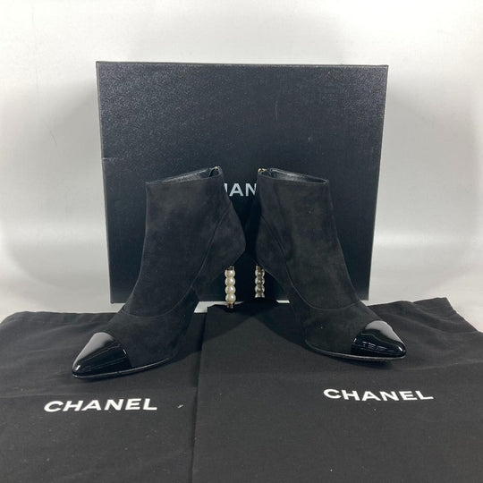 CHANEL Booties G35548 Suede, Patent Leather black 20C CC COCO Mark Fake Pearl Women 35.5 Used Authentic