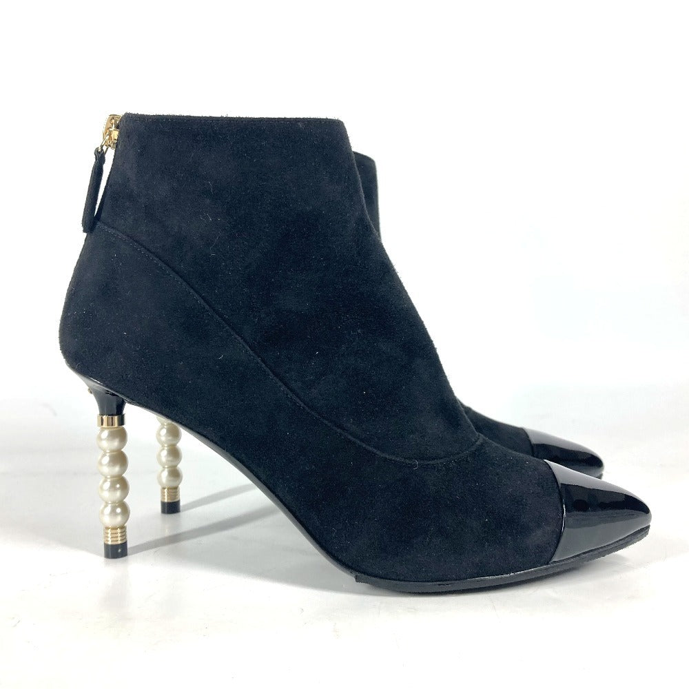 CHANEL Booties G35548 Suede, Patent Leather black 20C CC COCO Mark Fake Pearl Women 35.5 Used Authentic
