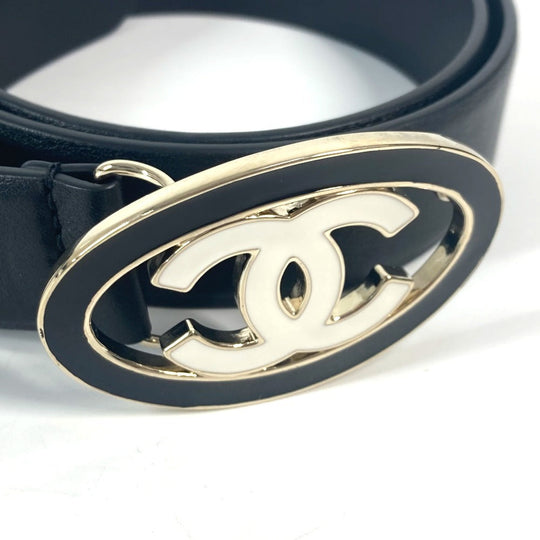 CHANEL belt leather black B24A CC COCO Mark Round Women 70 Used Authentic