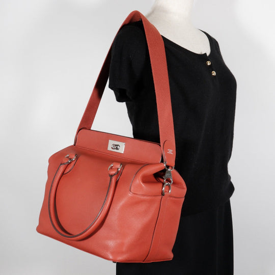 HERMES Handbag leather Red tea 2WAYShoulder Toolbox 26 Women Used Authentic