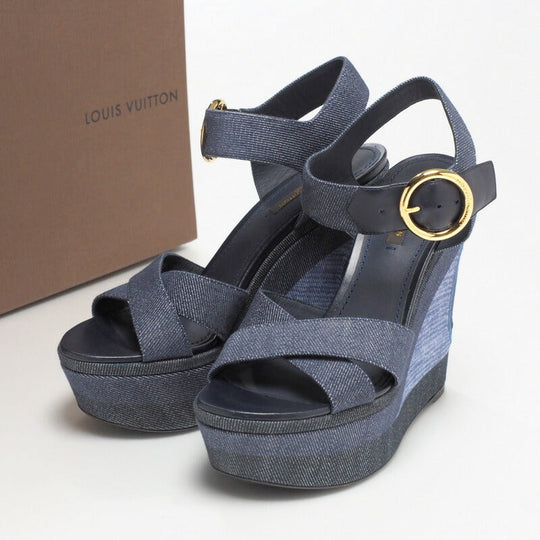 LOUIS VUITTON Sandals denim leather Navy Women 36.5 Used Authentic