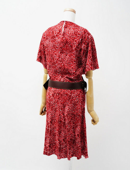 LOUIS VUITTON one piece 96% rayon, 4% polyurethane Genuine leather: cowhide, sheepskin Red Leather belt included Flower print dress Women 34 Used Authentic
