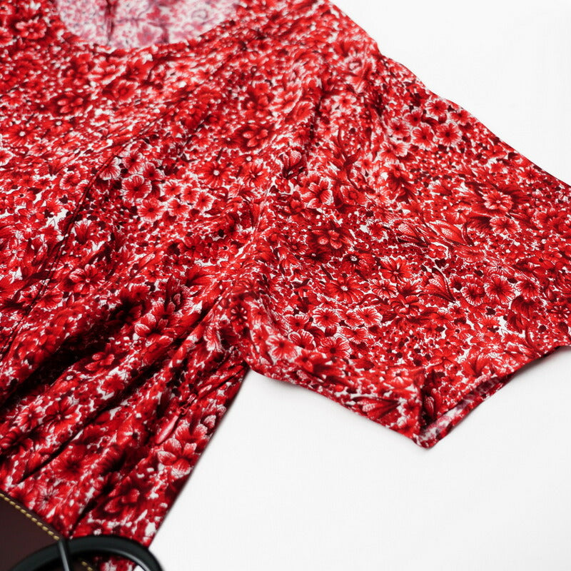 LOUIS VUITTON one piece 96% rayon, 4% polyurethane Genuine leather: cowhide, sheepskin Red Leather belt included Flower print dress Women 34 Used Authentic