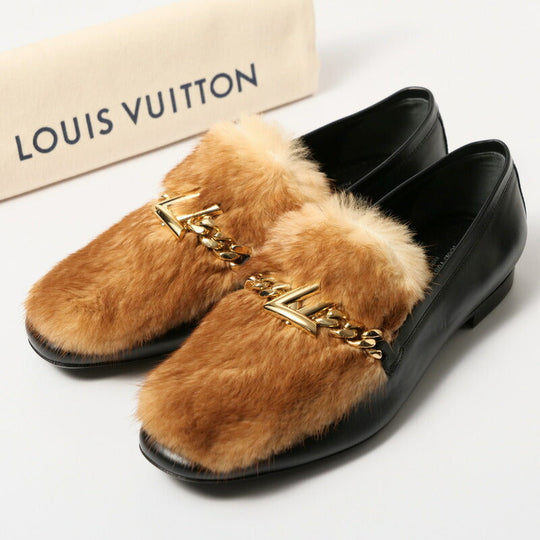 LOUIS VUITTON loafers Genuine Leather Black/Light Brown/Gold Women 37 Used Authentic
