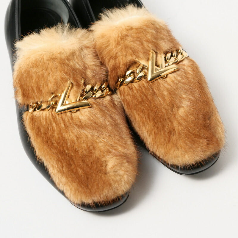 LOUIS VUITTON loafers Genuine Leather Black/Light Brown/Gold Women 37 Used Authentic