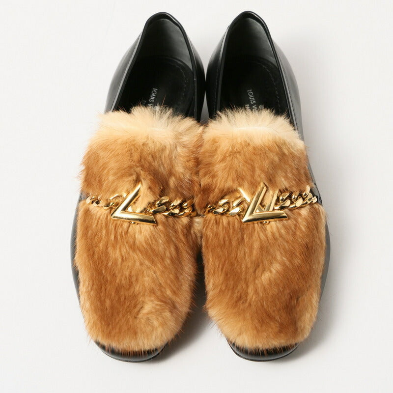 LOUIS VUITTON loafers Genuine Leather Black/Light Brown/Gold Women 37 Used Authentic