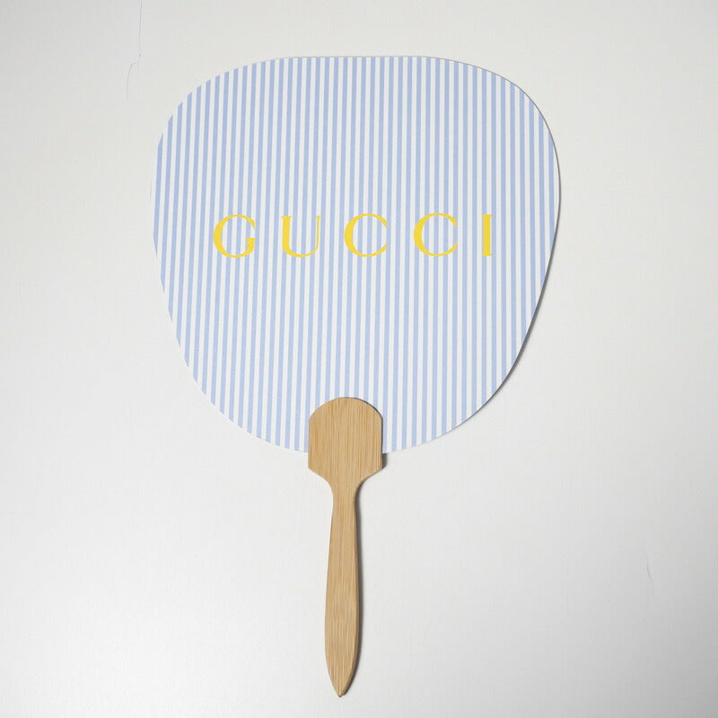 GUCCI Other miscellaneous goods Bamboo, Paper Light blue Stripe Pattern logo: Yellow Uchiwa fan Women(Unisex) Used Authentic