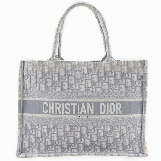 Christian Dior Tote Bag cotton Light gray Embroidery Oblique Book Tote Medium Women Used Authentic
