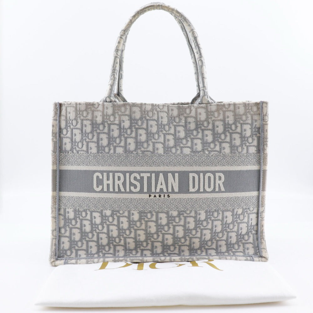 Christian Dior Tote Bag cotton Light gray Embroidery Oblique Book Tote Medium Women Used Authentic