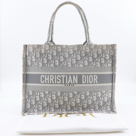 Christian Dior Tote Bag cotton Light gray Embroidery Oblique Book Tote Medium Women Used Authentic