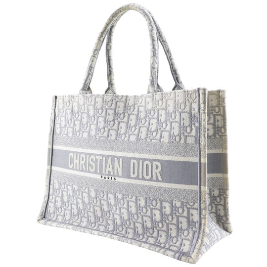 Christian Dior Tote Bag cotton Light gray Embroidery Oblique Book Tote Medium Women Used Authentic