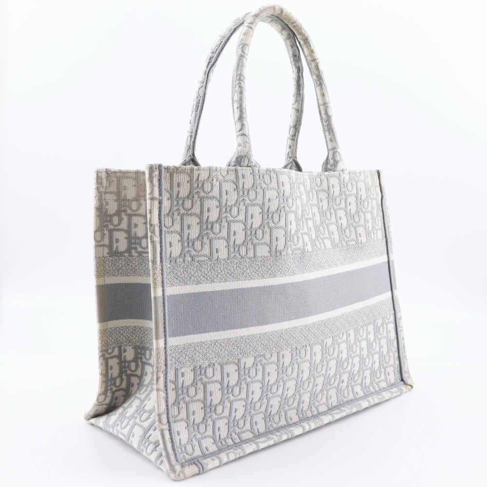 Christian Dior Tote Bag cotton Light gray Embroidery Oblique Book Tote Medium Women Used Authentic
