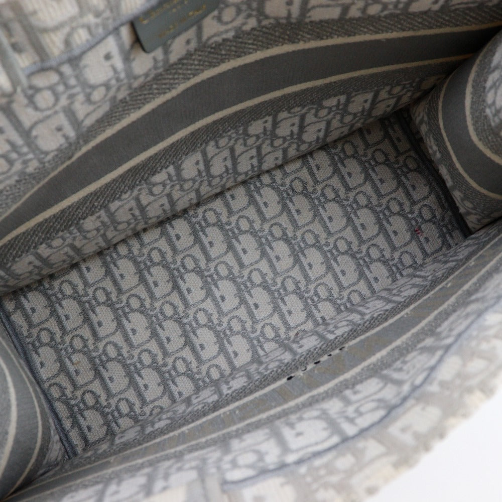 Christian Dior Tote Bag cotton Light gray Embroidery Oblique Book Tote Medium Women Used Authentic