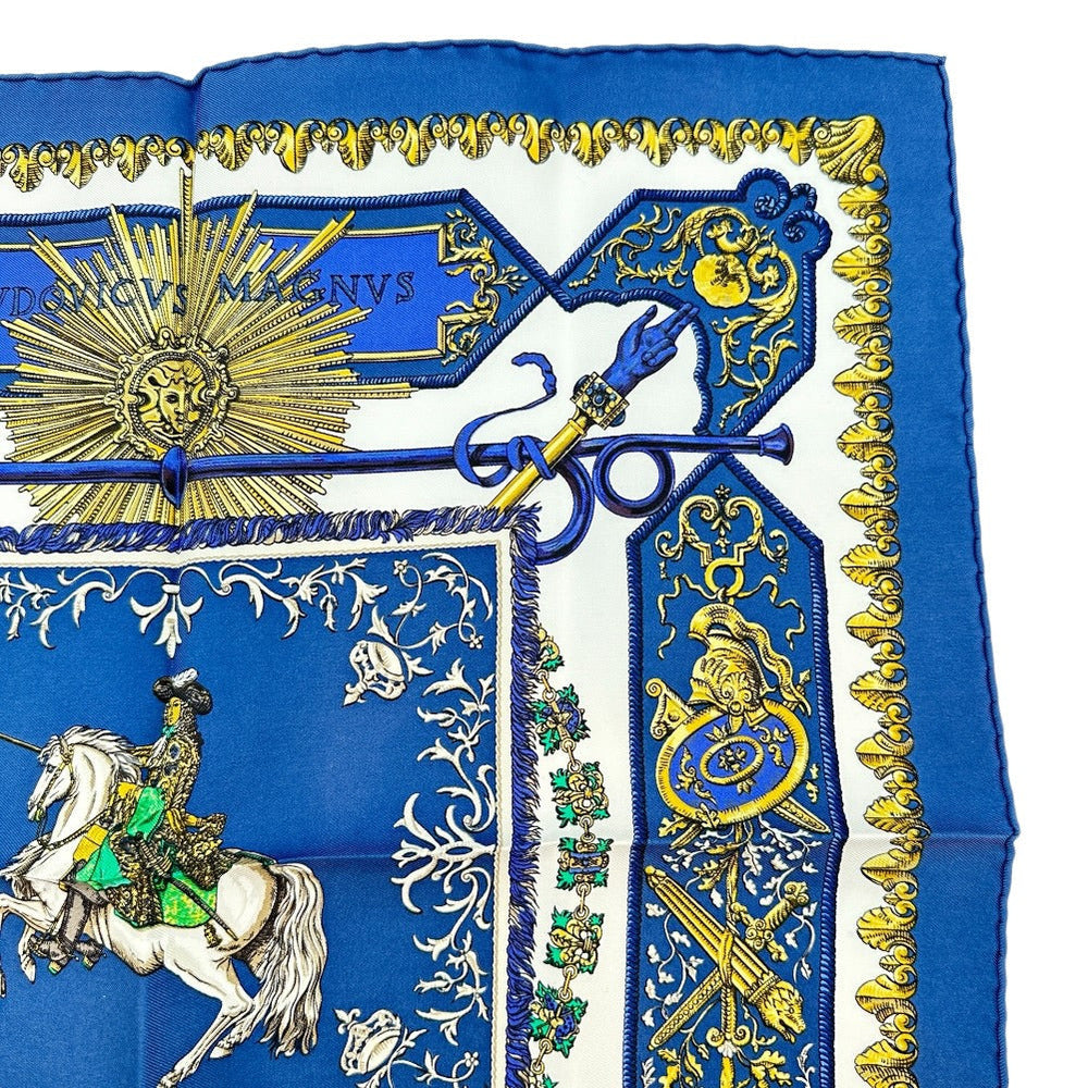 HERMES scarf silk blue Louis XIV straddling a white horse LVDOVICVS MAGNVS Carre42 Women Used Authentic