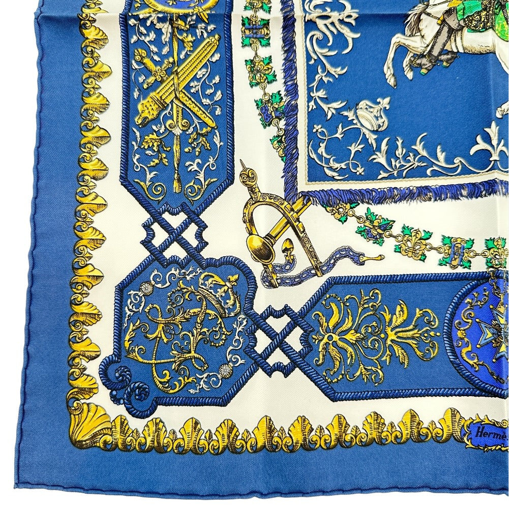 HERMES scarf silk blue Louis XIV straddling a white horse LVDOVICVS MAGNVS Carre42 Women Used Authentic
