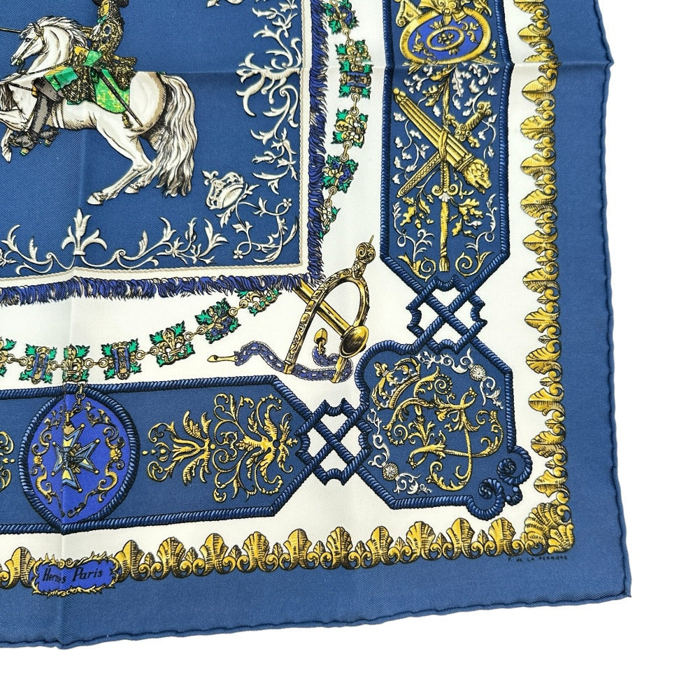 HERMES scarf silk blue Louis XIV straddling a white horse LVDOVICVS MAGNVS Carre42 Women Used Authentic
