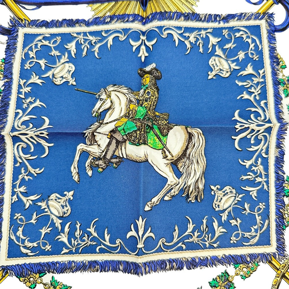 HERMES scarf silk blue Louis XIV straddling a white horse LVDOVICVS MAGNVS Carre42 Women Used Authentic