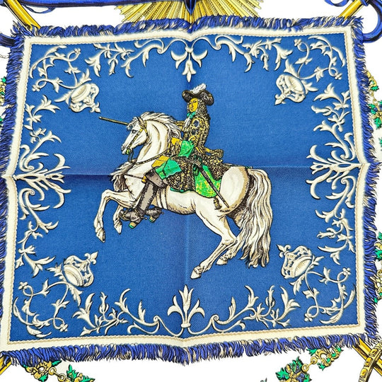 HERMES scarf silk blue Louis XIV straddling a white horse LVDOVICVS MAGNVS Carre42 Women Used Authentic