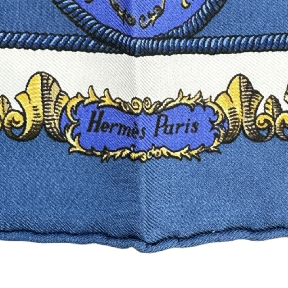 HERMES scarf silk blue Louis XIV straddling a white horse LVDOVICVS MAGNVS Carre42 Women Used Authentic