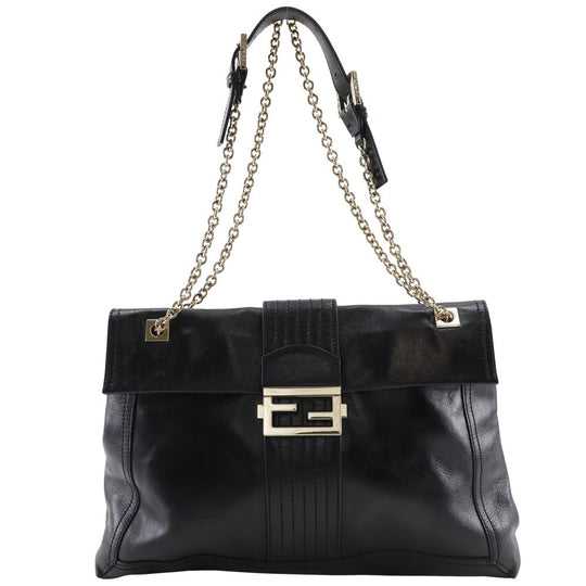 FENDI Tote Bag leather black 2WAYShoulder Chain tote Women Used Authentic