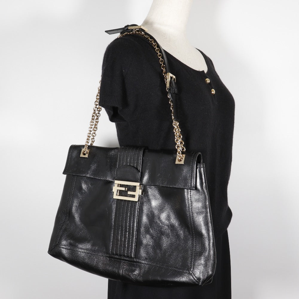 FENDI Tote Bag leather black 2WAYShoulder Chain tote Women Used Authentic