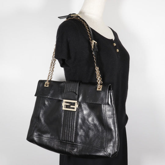 FENDI Tote Bag leather black 2WAYShoulder Chain tote Women Used Authentic