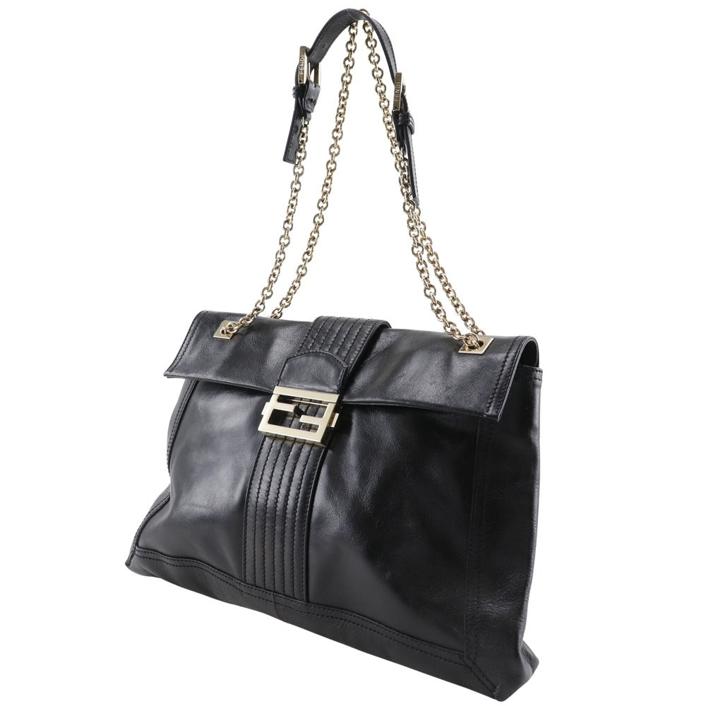 FENDI Tote Bag leather black 2WAYShoulder Chain tote Women Used Authentic