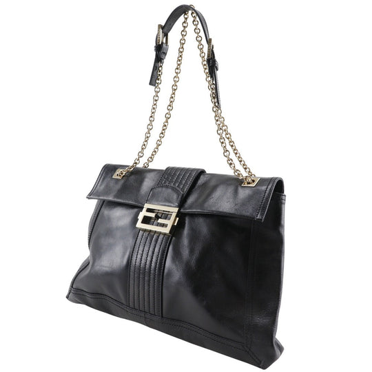 FENDI Tote Bag leather black 2WAYShoulder Chain tote Women Used Authentic