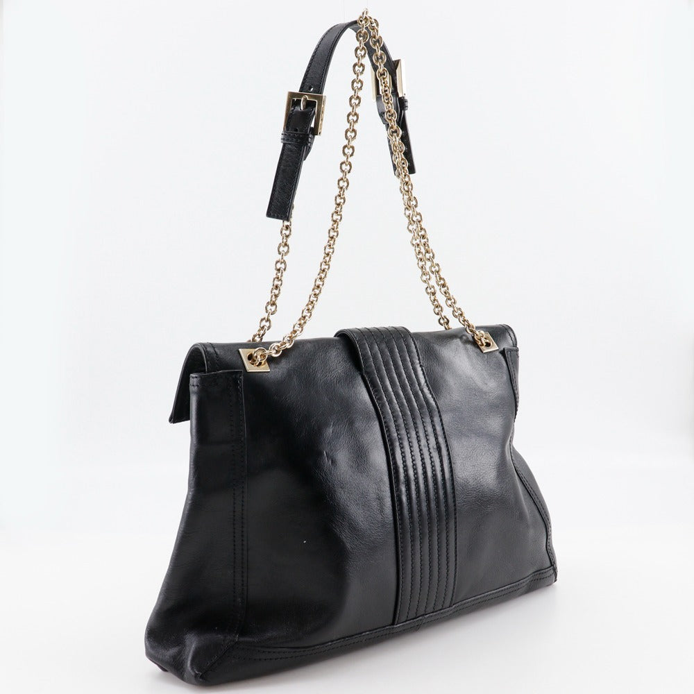 FENDI Tote Bag leather black 2WAYShoulder Chain tote Women Used Authentic