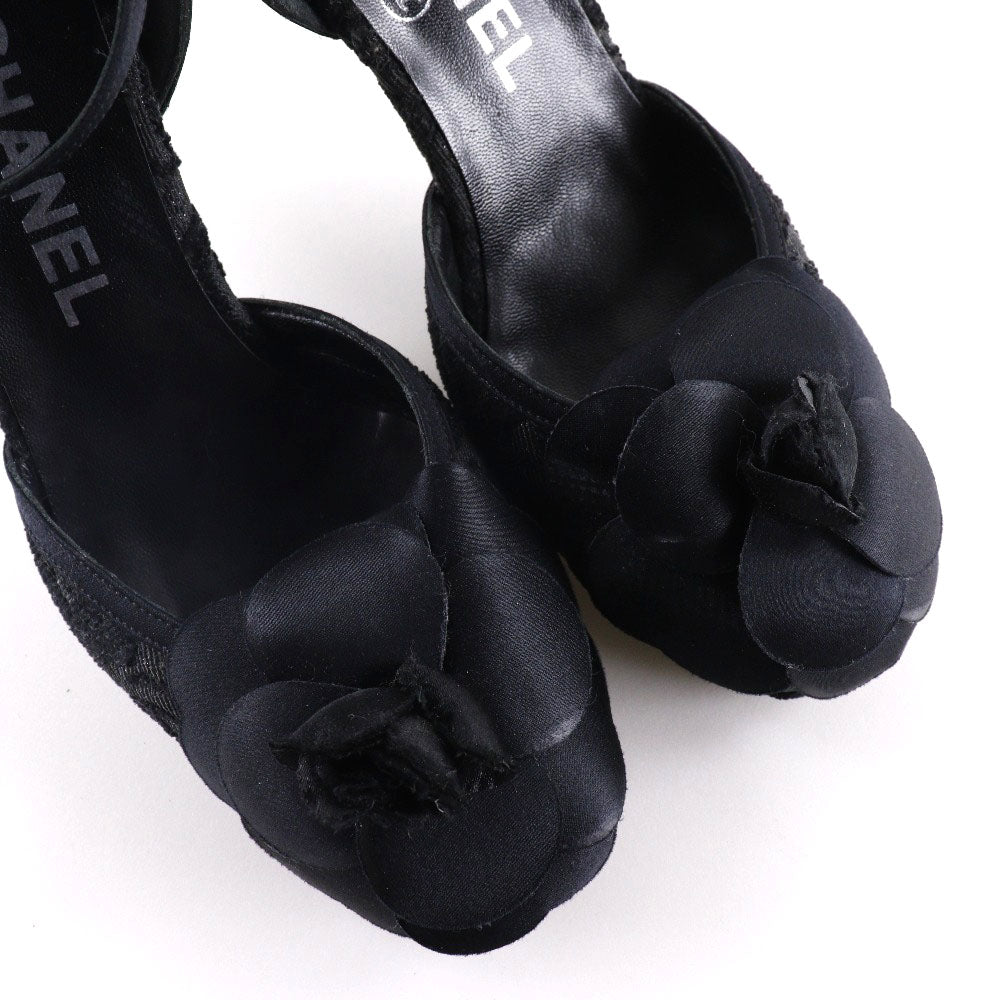 CHANEL Sandals Satin black Ankle strap Camelia Women 35 1/2 Used Authentic