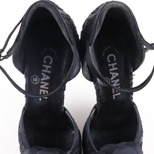CHANEL Sandals Satin black Ankle strap Camelia Women 35 1/2 Used Authentic