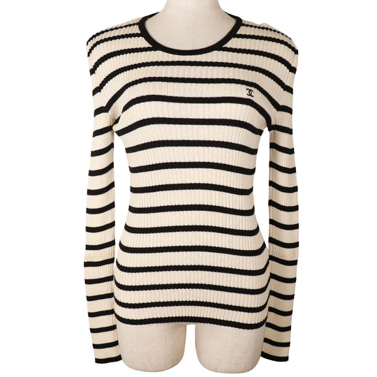 CHANEL sweater P10238V00445 cotton White / black 98P border COCO Mark Women 44 Used Authentic