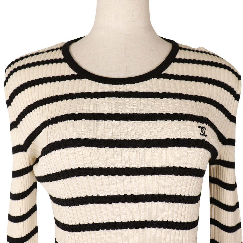 CHANEL sweater P10238V00445 cotton White / black 98P border COCO Mark Women 44 Used Authentic