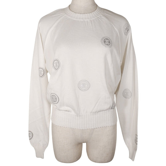 CHANEL sweater P17664V00938 cotton White 01P COCO Mark Women 42 Used Authentic