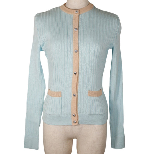 CHANEL cardigan P07389V00348 cotton Two-tone color (light blue) piping ensemble 40