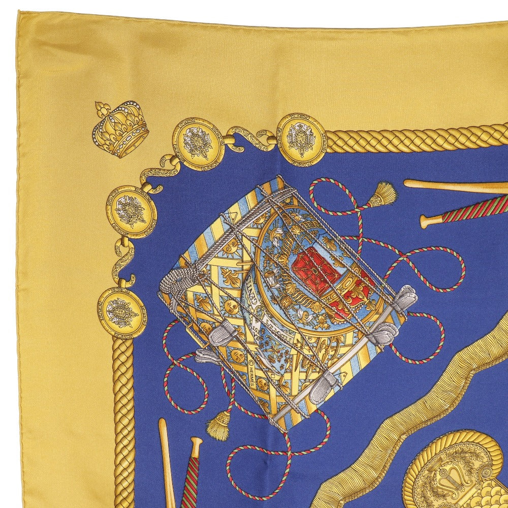 HERMES scarf silk Blue LES TAMBOURS Tambour drums Carre90 Women Used Authentic