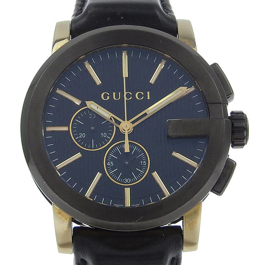 GUCCI Watches Quartz 101.2 Stainless Steel , Embossed Leather black G Chrono black dial mens Used Authentic