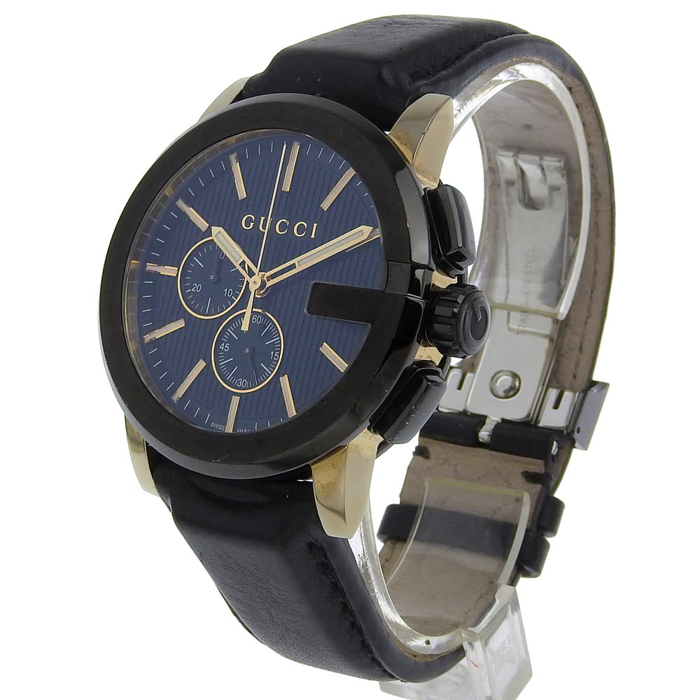 GUCCI Watches Quartz 101.2 Stainless Steel , Embossed Leather black G Chrono black dial mens Used Authentic